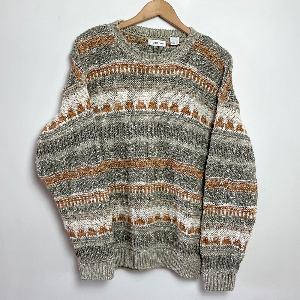 Vintage 90s Claiborne Chunky Sweater Medium Neutral Heavy‎ Cottage Cotton